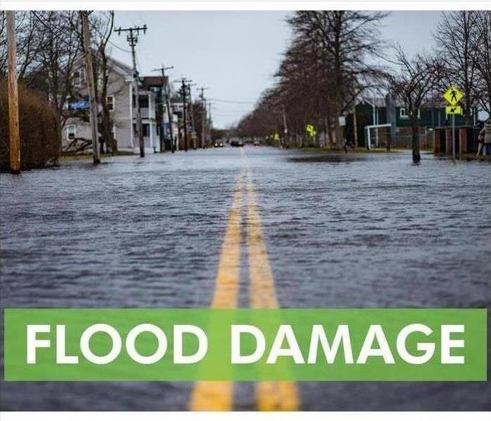 Road covered with water, houses down sides on road. "flood damage" at bottom of the page. 